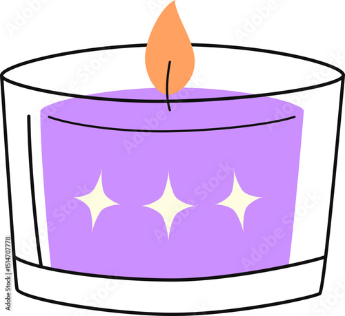 Lit Candle Illustration. Decorative burning candle in holder for therapy, romantic, spiritual, relaxation. Candlelight flame vector isolated.