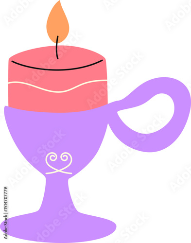Lit Candle Illustration. Decorative burning candle in holder for therapy, romantic, spiritual, relaxation. Candlelight flame vector isolated.