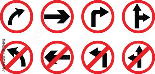 Road sign icon set.Direction of movement. Warning different road sign.Permitted directions of movement at intersections, junctions and other sections of the road.Warning sign, attention road sign.