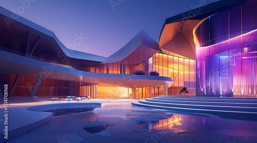  A modern performing arts center with a dramatic, curved roof and a vibrant performance dance stage