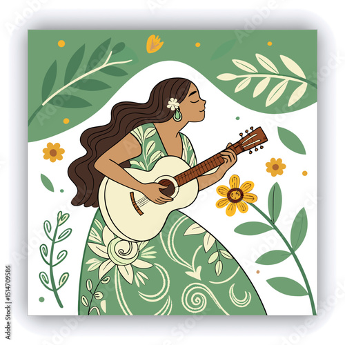 A young woman with long, dark hair and a light-skinned ethnicity is depicted playing a guitar.  She is positioned in the center of the image, slightly angled toward the viewer.  She has a serene expre