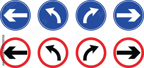 Road sign icon set.Direction of movement. Warning different road sign.Permitted directions of movement at intersections, junctions and other sections of the road.Warning sign, attention road sign.
