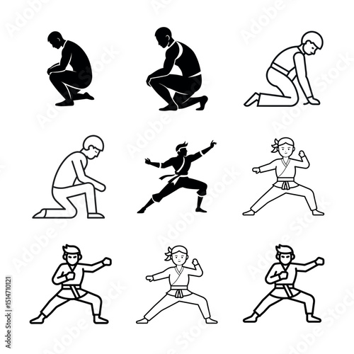 Martial Arts Stances and Ready Positions Vector Icon Set isolated on white background