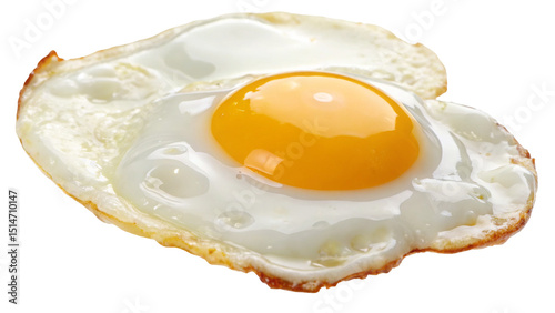 A single fried egg with a bright yellow yolk and cooked white on a black background in close up view
