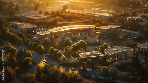  A modern university campus with a network of interconnected buildings bathed in the warm glow of sunset and with trees