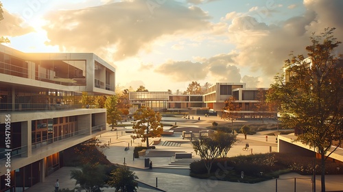  A modern university campus with a network of interconnected buildings bathed in golden morning light
