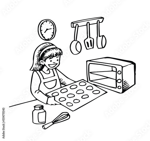  child cooking in the kitchen. Little girl cook in the bakery. Vector black and white coloring page. Baker child cooking in the bakery. A little girl baking in the kitchen.