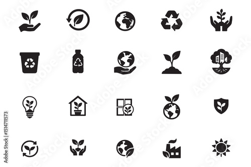 Sustainable and eco friendly icon set for environmental, renewable energy, and green living design