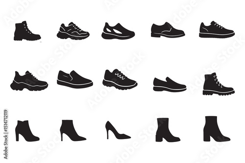Black silhouettes of shoes icons classic footwear design elements