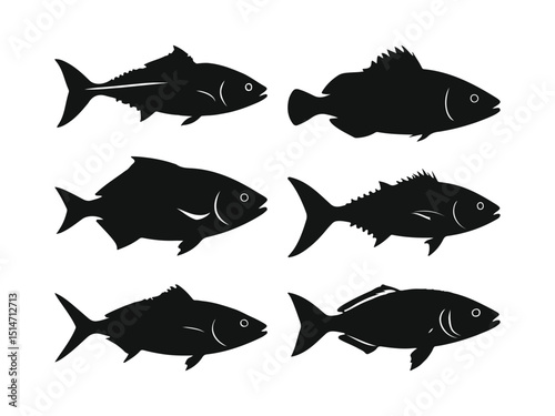 Set of black fish illustration isolated white background