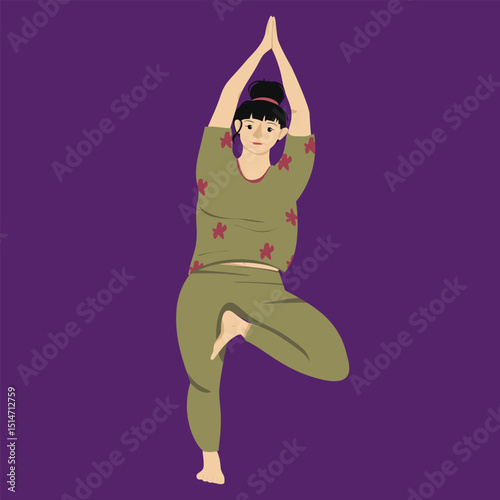 Plus Size Woman Yoga Tree Pose Standing Hands Together Body Balance


