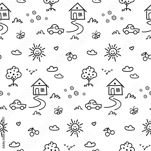 Seamless pattern with with black outline kid drawing in doodle style. Fun icons, childish drawings such as house, car, tree, cherry, sun and heart isolated on white background.