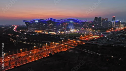 Global center chengdu at dusk with traffic moving through sichuan province