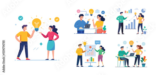 Illustration of two people sharing ideas. Teamwork and idea sharing concept. Flat style design