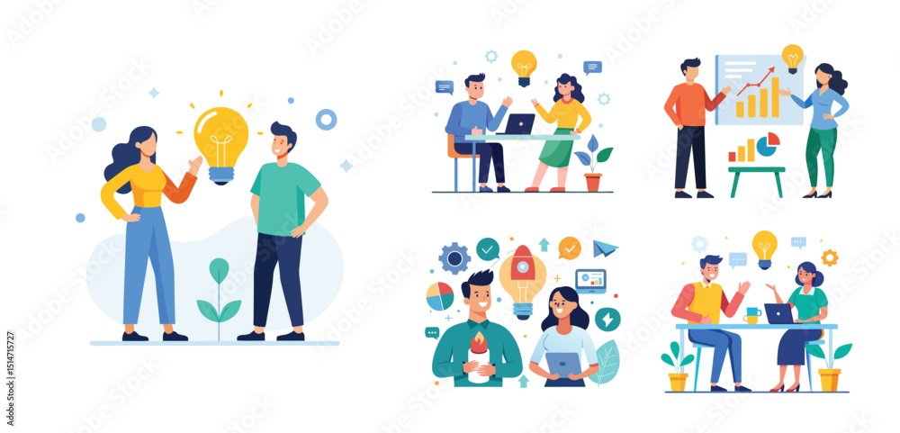 Illustration of two people sharing ideas. Teamwork and idea sharing concept. Flat style design Illustration of two people sharing ideas. Teamwork and idea sharing concept. Flat style design