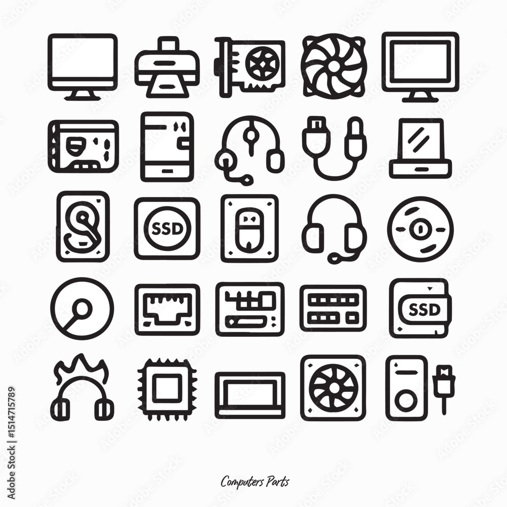 A collection of computer and hardware line icons. Includes monitors, CPU, keyboards, mice, cables, and components. Clean, minimal, black-and-white design perfect for digital and tech projects A collection of computer and hardware line icons. Includes monitors, CPU, keyboards, mice, cables, and components. Clean, minimal, black-and-white design perfect for digital and tech projects