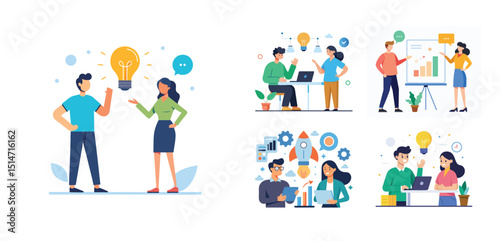 Illustration of two people sharing ideas. Teamwork and idea sharing concept. Flat style design