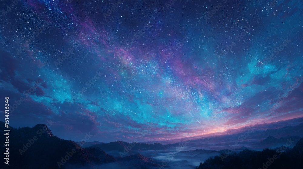 Naklejka premium Vibrant Night Sky Over Misty Mountains