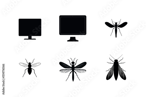 Insect silhouettes and computer monitor icons
