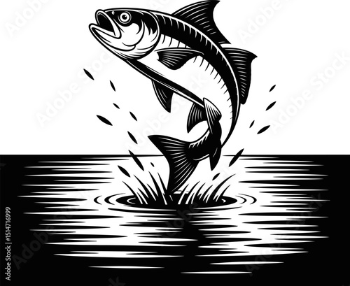Jumping Fish Logo Design Black and White Vector Illustration