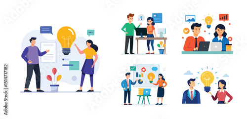 Illustration of two people sharing ideas. Teamwork and idea sharing concept. Flat style design