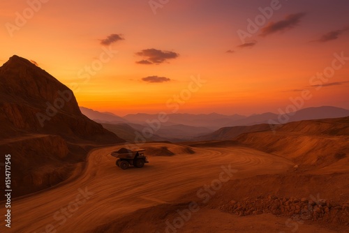 Dramatic Sunset Landscape Quarry Mining Truck Industrial Orange Hues Scenic View Mountainous Terrain Heavy Machinery Excavation Site Red Earth  Open Pit Mine Dumper Truck  Vast Expanse Natural Beauty 