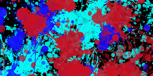 Abstract colorful splash art design with red blue and turquoise paint splatters against black background