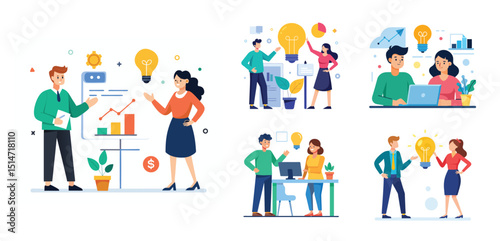 Illustration of two people sharing ideas. Teamwork and idea sharing concept. Flat style design