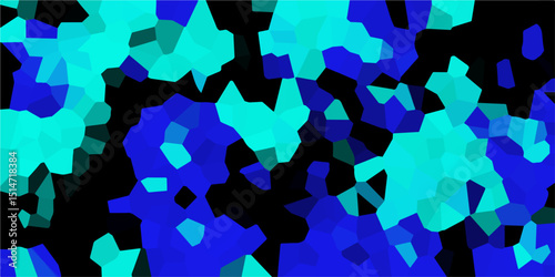 Abstract geometric shapes in vibrant blues and greens against a deep black backdrop.