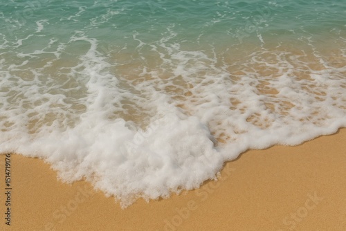 Ocean Wave Foam on Sandy Beach Summer Vacation Tropical Seaside Idyllic Coastal Scene Tranquil Water Nature Background Peaceful White Seafoam Golden Sand Relaxing Summertime Holiday Paradise          
