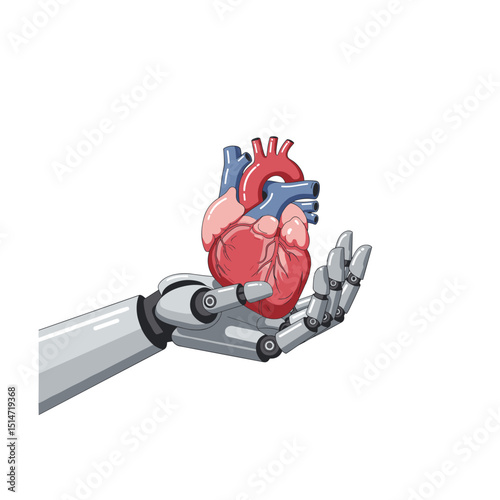 Robotic hand holding human heart in colorful illustration style  