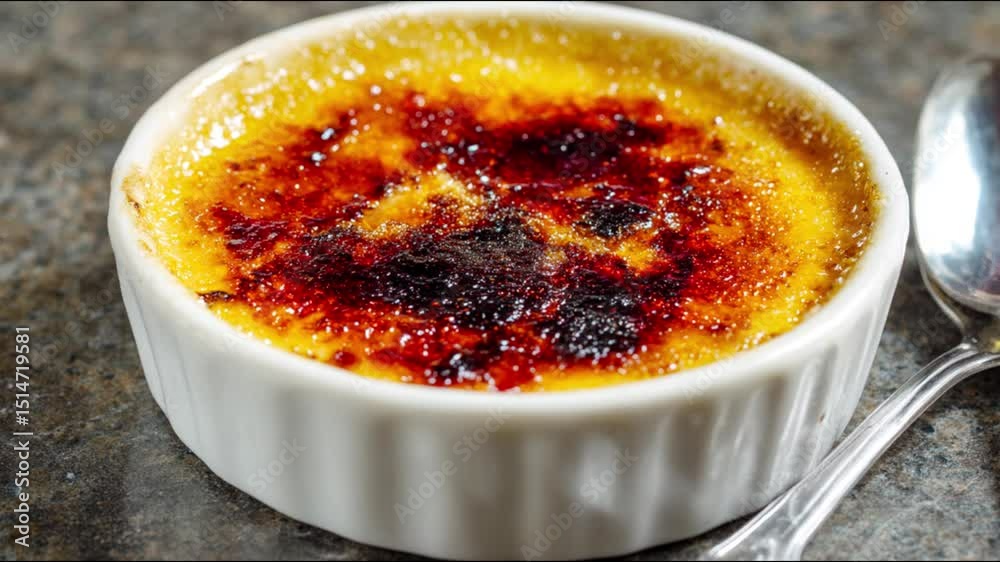 A delightful Crème brûlée in a white ramekin, a classic dessert with a caramelized sugar crust.