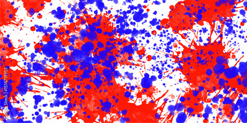 Artistic abstract background featuring splattered red and blue paint on white surface