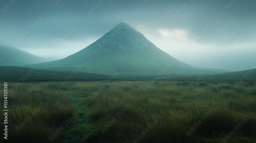 Obraz premium Mysterious Green Pyramid in Foggy Landscape
