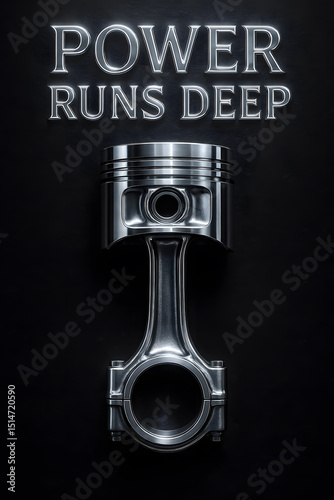 Chrome Piston Wallpaper With “Power Runs Deep” in Metallic Font