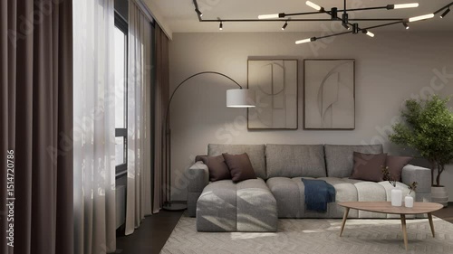 Living room interior in light warm colors, on a sunny day. 3D render