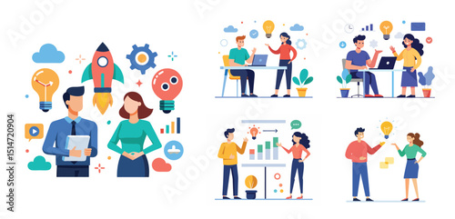 Illustration of two people sharing ideas. Teamwork and idea sharing concept. Flat style design