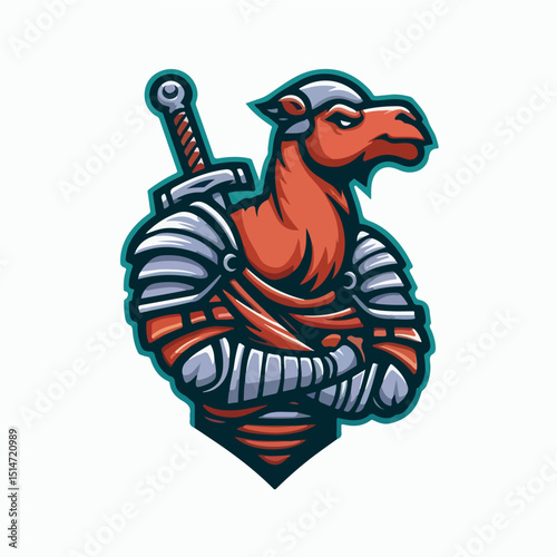 Camel warrior with medieval gear illustration: A strong camel character, with a determined gaze, adorned in polished armor and a sturdy sword, embodying strength, bravery, and a readiness for action.