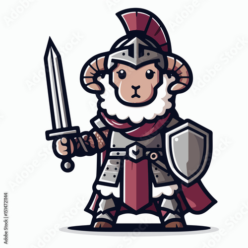 Brave Ram Warrior: A whimsical illustration of a valiant ram, adorned in shining armor and a helmet, wielding a sword and shield, ready for heroic adventure.