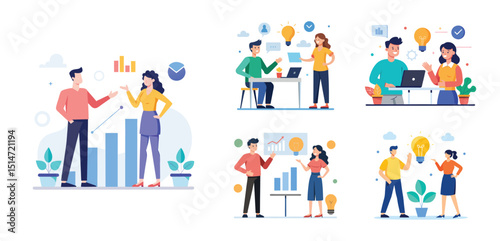Illustration of two people sharing ideas. Teamwork and idea sharing concept. Flat style design