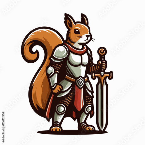 Brave Squirrel Knight: A valiant squirrel, clad in shining armor and wielding a magnificent sword, stands defiantly. This illustration embodies courage, strength, and unexpected heroism.