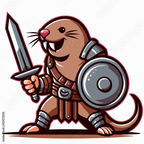 Brave Mole Warrior: A determined cartoon mole, armored and armed with a shining sword and shield, embodying courage and readiness for adventure.