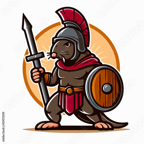 Brave Warrior Mole: A stoic mole stands ready for battle, embodying courage, strength, and resilience with its gladiator attire, shield, and spear.
