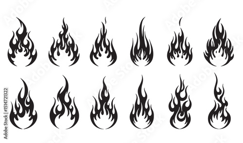 Collection of vector fire flames designs with different shapes and styles for graphic design elements