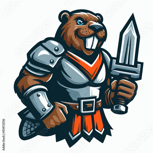 Valiant Beaver Warrior: A powerful beaver warrior stands tall in gleaming armor, wielding a sword with determination, symbolizing strength and resilience.