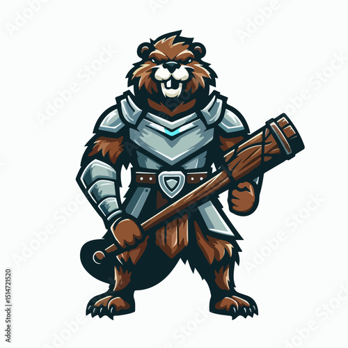 Beaver Knight Mascot: A strong beaver mascot stands proudly, donned in shining armor and clutching a wooden club. It showcases strength and resolve.