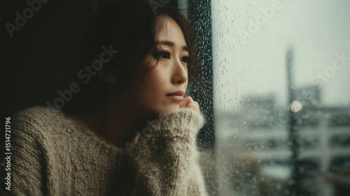 雨の日に物思いにふける日本人女性