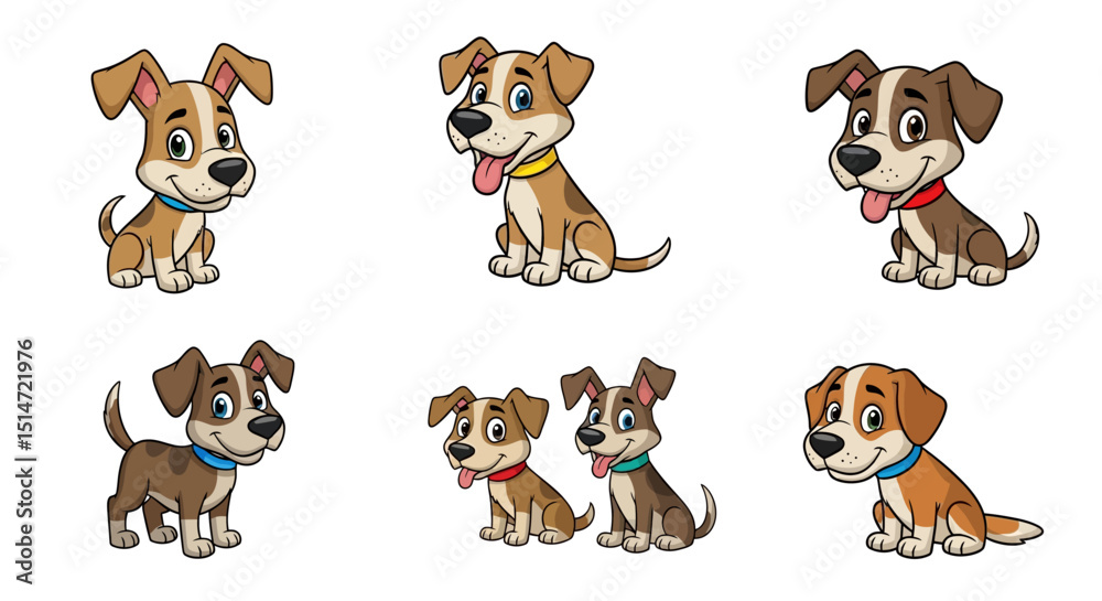 Obraz premium Cute Cartoon Puppies Collection – Happy Dog Characters with Collars - Vector Set
