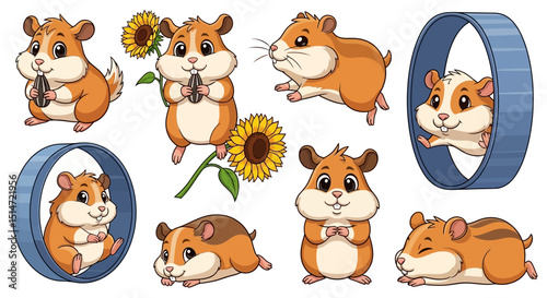 Cute Cartoon Hamsters Collection with Sunflowers and Running Wheels - Vector Illustration