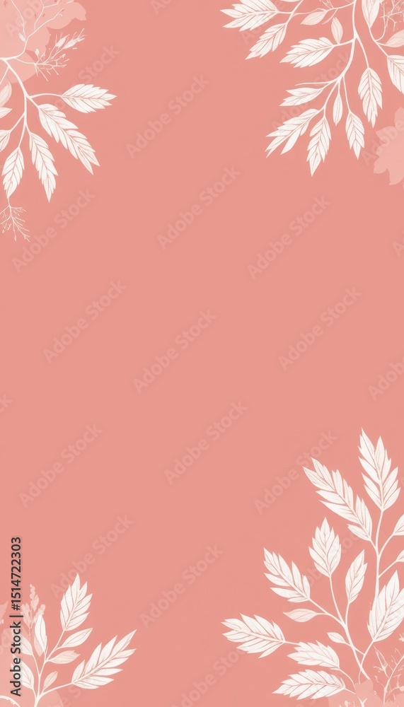 Fototapeta premium Calm Coral Background with Delicate White Leaf Pattern Vertical Design for Text